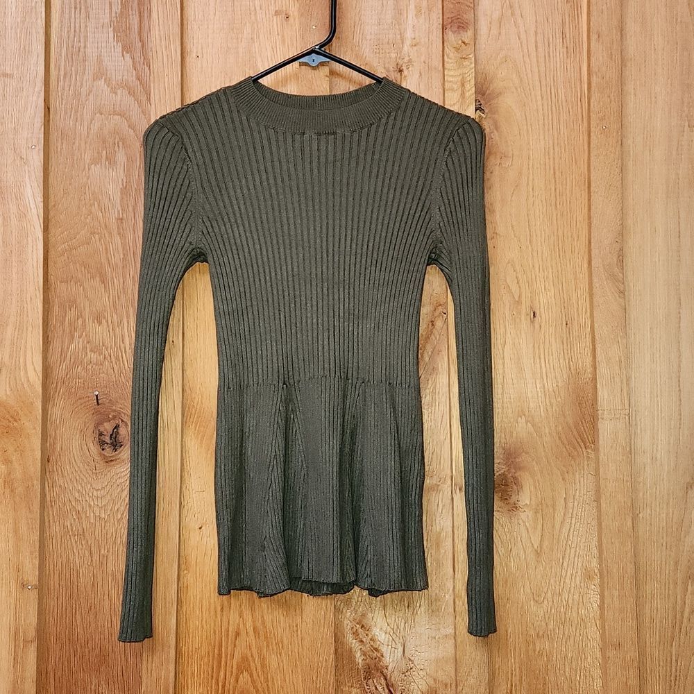 Venus Bodycon Ribbed Crew Neck Knit Sweater Flared Waist, Small, Olive Green
